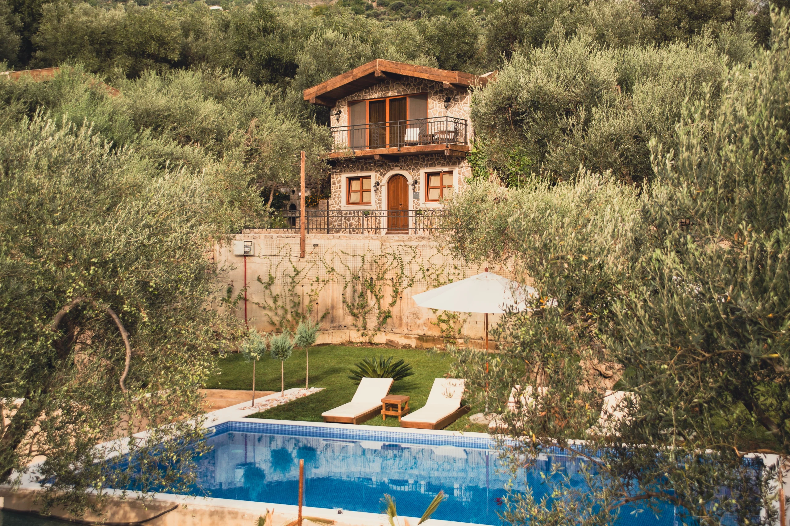 Nature view of rustic olive queen villa with pool in view